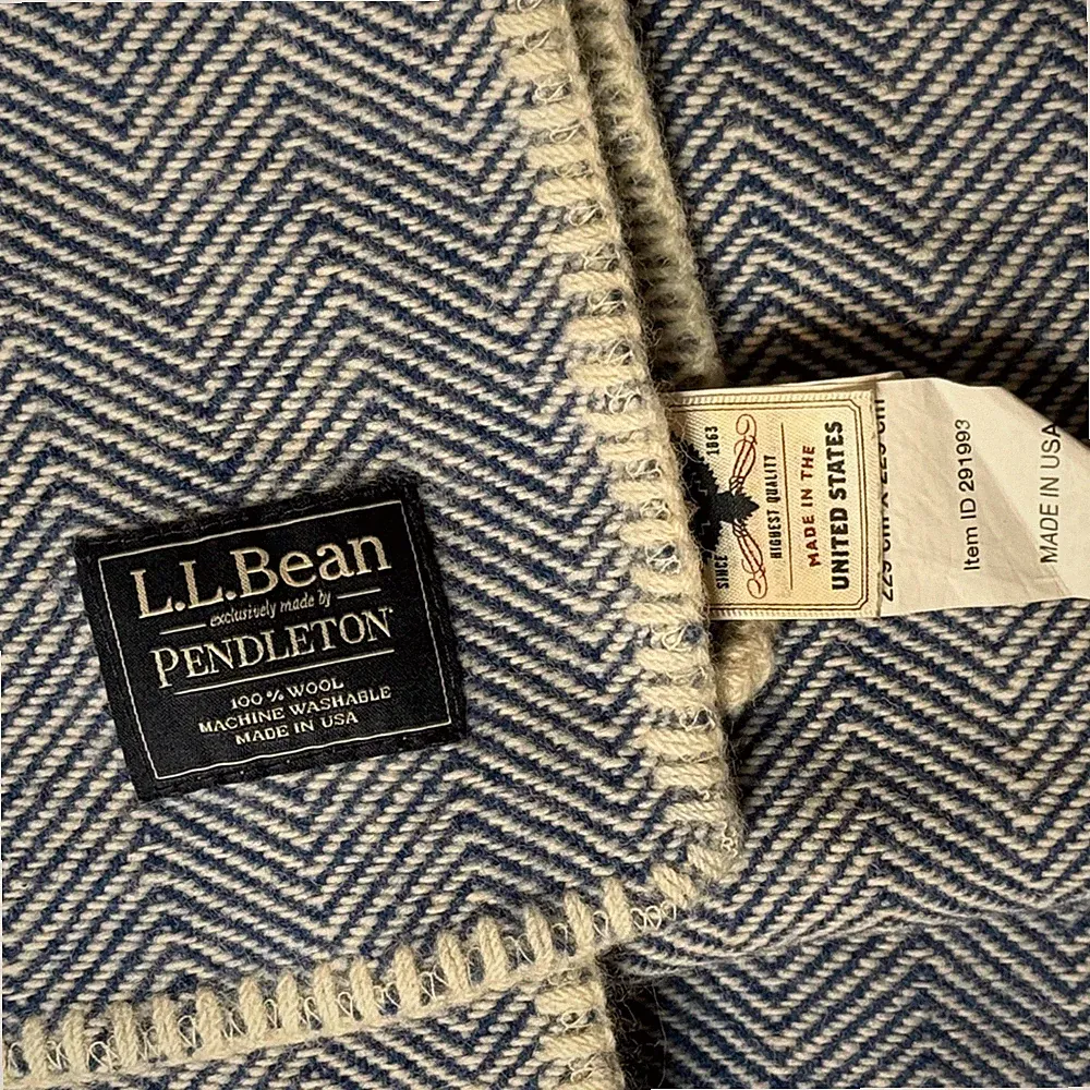 LL Bean x Pendleton Blue Herringbone Virgin Wool Blanket 90x90 Machine Washable