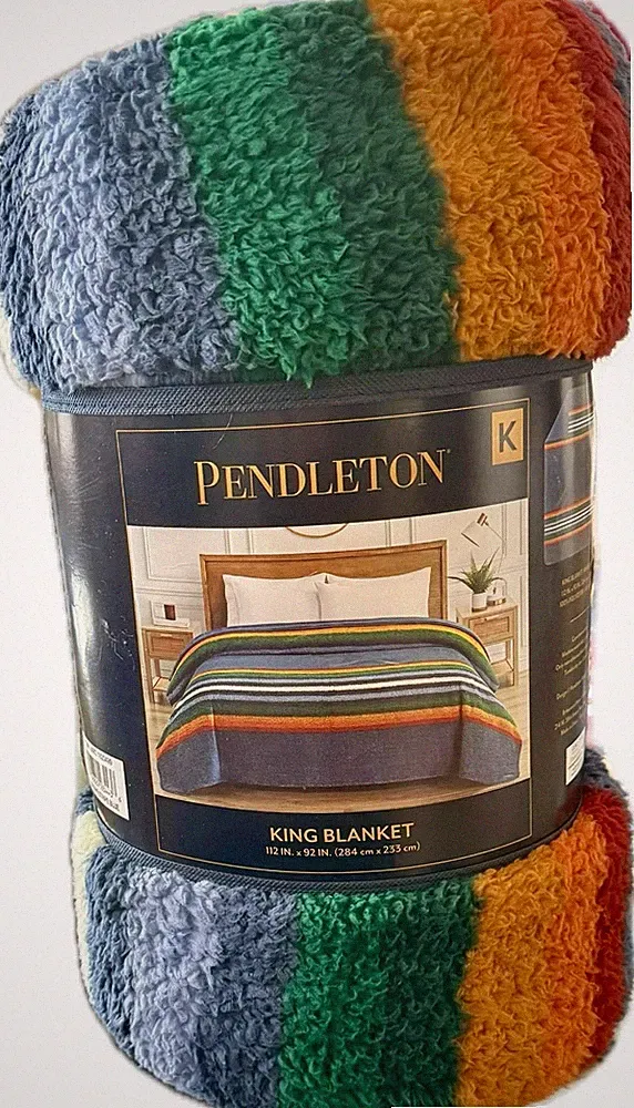 New Authentic Pendleton King Sizes Sherpa Fleece Striped Blue Blanket