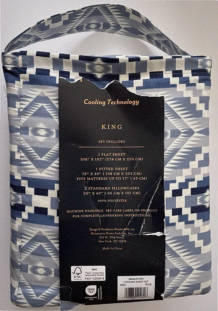 Pendleton 4 Piece KING Sheet Set Aztec-Themed Abiquiu Sky Blue - NEW, Torn Tag