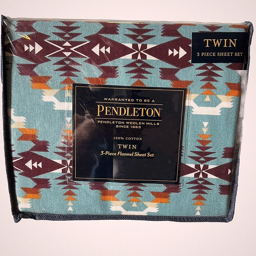 Pendleton Avra Valley 3-piece Flannel Twin Sheet Set Teal 100% Cotton NEW!