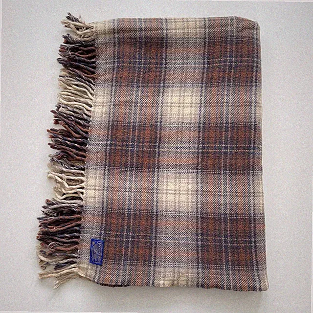 Pendleton Blanket Plaid Brown Tan Virgin Wool Vintage Made in USA 62x48 Fringe