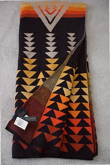 Pendleton Harding Wool Throw Blanket Knit Navy Tan Yellow Orange Multi Southwest