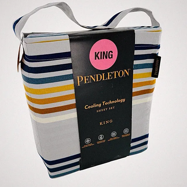 Pendleton King Cooling Sheet Set Westland Stripe 4Pc Blue Grey Gold White New