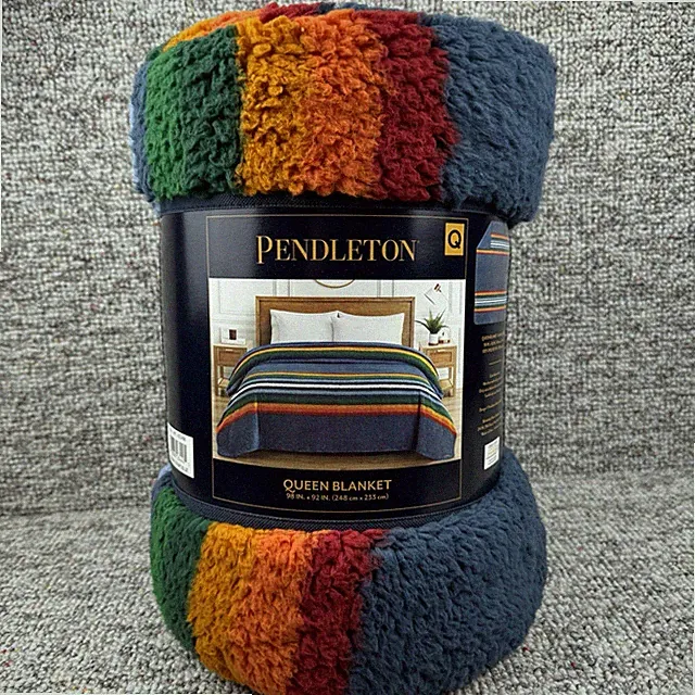 Pendleton Sherpa Fleece Blanket Plush Manta Queen 98”x92” Serape Stripe Blue New