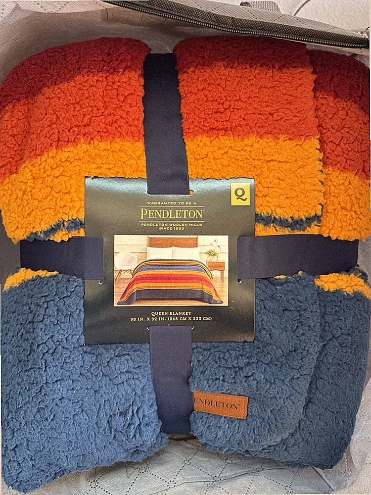 Pendleton Sherpa Fleece Serape Stripe Blue Queen Size Blanket NEW 98X92