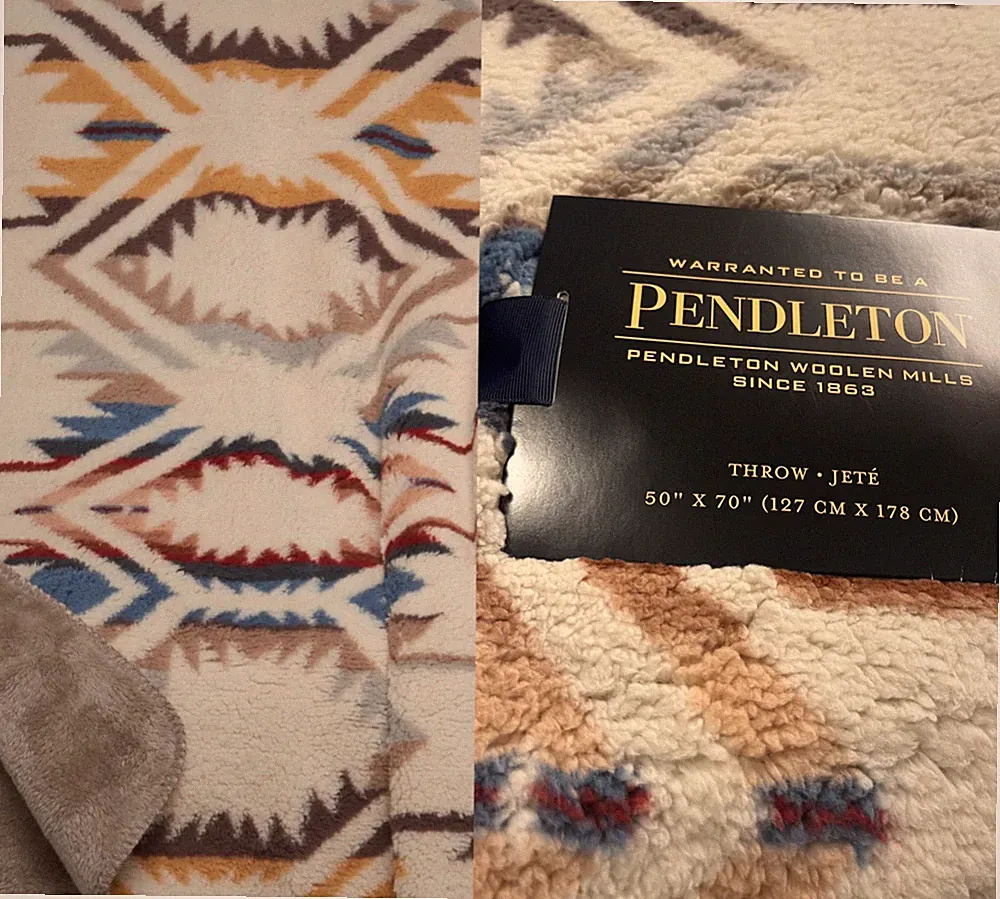 Pendleton White Sands Southwest Aztec Cream Red Blue Sherpa Throw Fleece Blanket