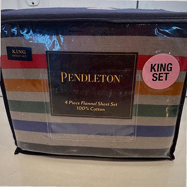 Pendleton Yellowstone King 4 Piece Flannel Sheet Set Multi Stripe Gray Blue NEW