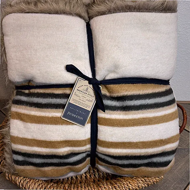 POTTERY BARN PENDLETON YAKIMA FAUX FUR BACK STRIPE THROW BLANKET 60 X 80" IVORY