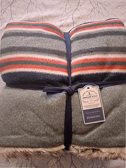 Pottery Barn PENDLETON YAKIMA Stripe throw 60"x80" GREEN multi faux fur back NEW