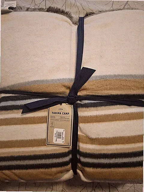 Pottery Barn PENDLETON YAKIMA Stripe throw 60"x80" Ivory multi faux fur back NEW