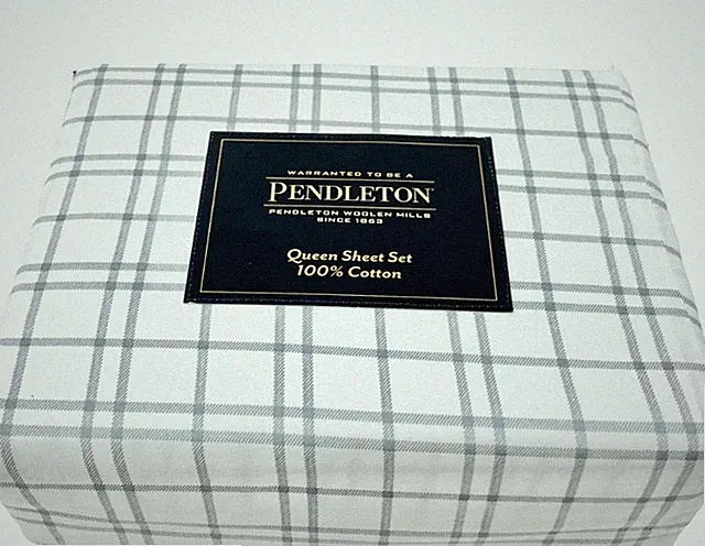 QUEEN Lt Gray Tattersall Plaid Certified Organic Cotton 4P Sheet Set PENDLETON